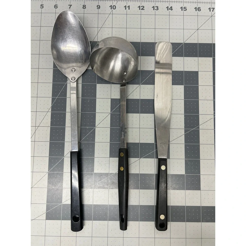 Vintage Kitchen Utensils Stainless Steel Riveted 3pc Flint Spoon‎ Ladle Spatula